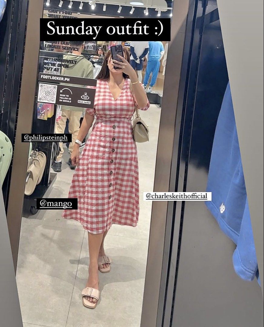 Mango Red Gingham Button Down Midi Dress (Category: Dresses) located in Mandaluyong City. Submitted by thequeenarci (Listing ID 1457626161, Image 3). Description: - Cute red and white gingham midi dress - Brand: Mango - Features: Button down front, pockets - Size: Tag says XS, fits a small 350 - Perfect for casual outings or picnics.