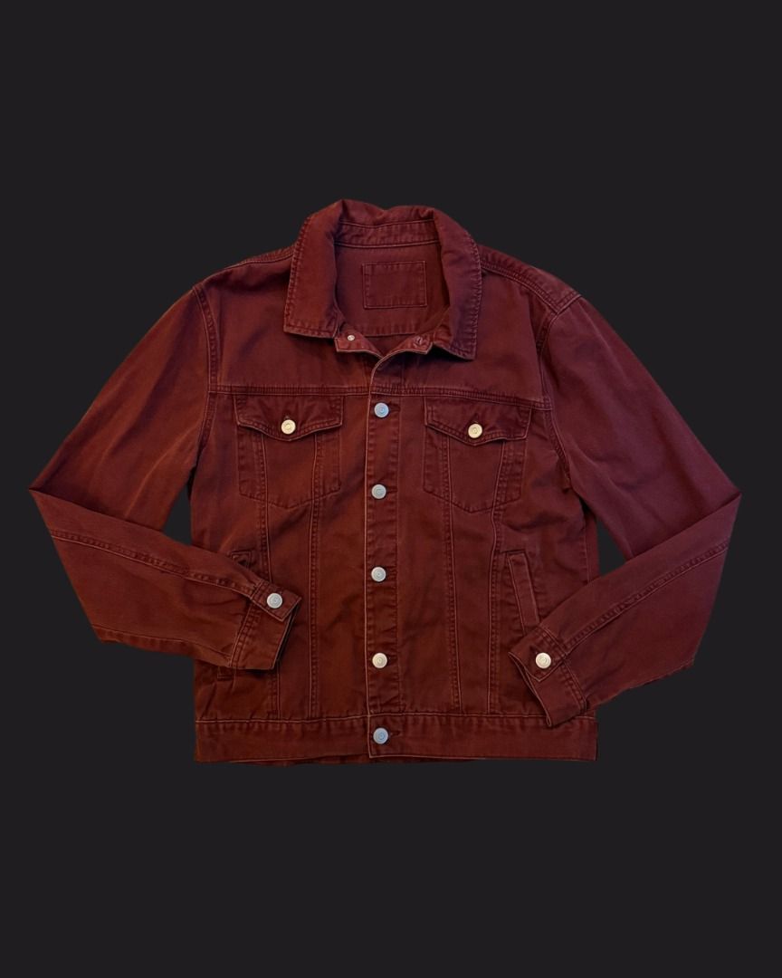 Maroon Teracotta Soft Denim Jacket (Category: Coats, Jackets and Outerwear) located in Mandaluyong City. Submitted by shopsunnymoody (Listing ID 1457634819, Image 1). Description: Terracotta multi-pocket denim jacket fits up to Large length: 63 cm width: 50 cm 9.5/10 quality: no issue 600 php + SF.