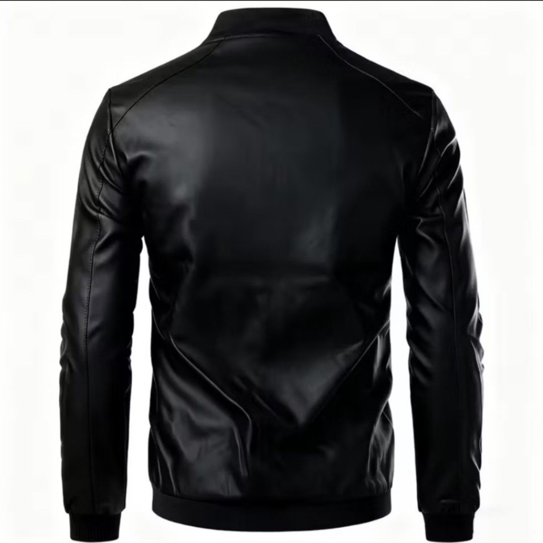 Men's Black Faux Leather Bomber Jacket (Category: Coats, Jackets and Outerwear) located in Quezon City. Submitted by abvon_dlc (Listing ID 1457646140, Image 3). Description: Cool black faux leather bomber jacket. Zip-up, stand-up collar, ribbed cuffs/hem. Versatile for any outfit. Size: Large.