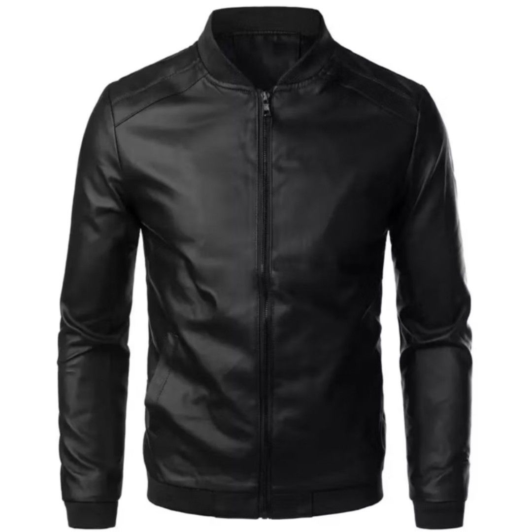 Men's Black Faux Leather Bomber Jacket (Category: Coats, Jackets and Outerwear) located in Quezon City. Submitted by abvon_dlc (Listing ID 1457646140, Image 2). Description: Cool black faux leather bomber jacket. Zip-up, stand-up collar, ribbed cuffs/hem. Versatile for any outfit. Size: Large.