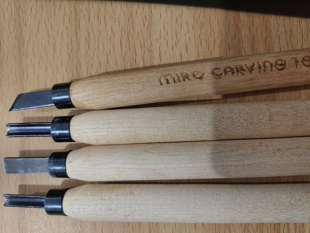 MIRO Wood Carving Tools Set (Category: Craft Supplies & Tools) located in San Jose del Monte. Submitted by m_nshop (Listing ID 1457617534, Image 3). Description: - Set of 4 MIRO wood carving tools - Features wooden handles with metal blades - Includes: 1 straight chisel, 1 gouge, and 2 additional blade types - Original box included - Ideal for detailed woodcraft projects from Japan Auction jnt or lalamove courier payment first.