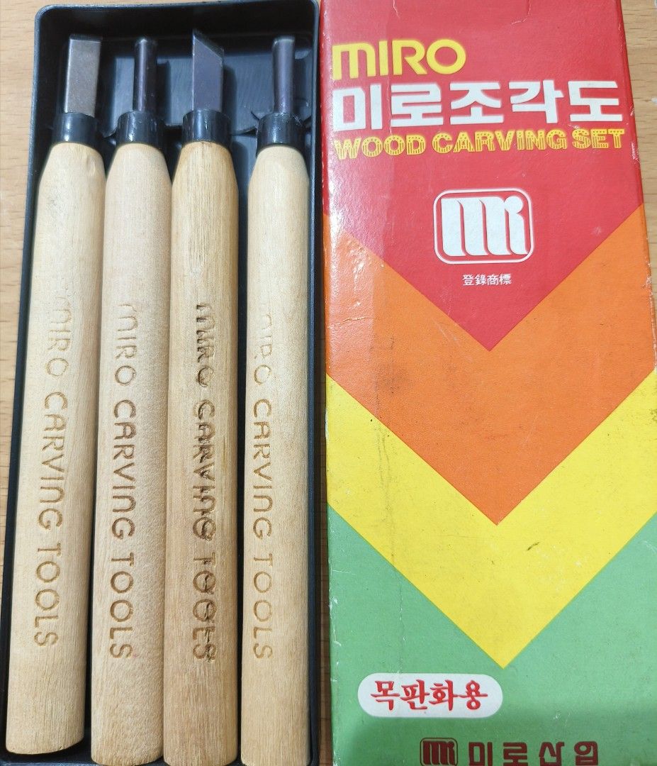 MIRO Wood Carving Tools Set (Category: Craft Supplies & Tools) located in San Jose del Monte. Submitted by m_nshop (Listing ID 1457617534, Image 1). Description: - Set of 4 MIRO wood carving tools - Features wooden handles with metal blades - Includes: 1 straight chisel, 1 gouge, and 2 additional blade types - Original box included - Ideal for detailed woodcraft projects from Japan Auction jnt or lalamove courier payment first.