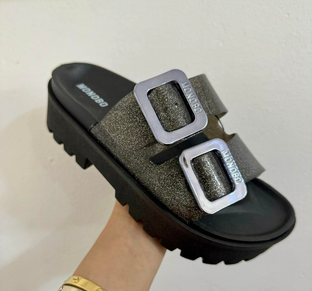 MONOBO Platform Sandals with Buckle Detail (Category: Sandals) located in Manila. Submitted by angkeytimoo (Listing ID 1457654277, Image 2). Description: - Brand: MONOBO - Style: Platform Sandals - Features: Chunky sole, double buckle straps - Closure: Easy slip-on - Colors: Black, Glitter Grey, Glitter Beige - Occasion: Casual wear.