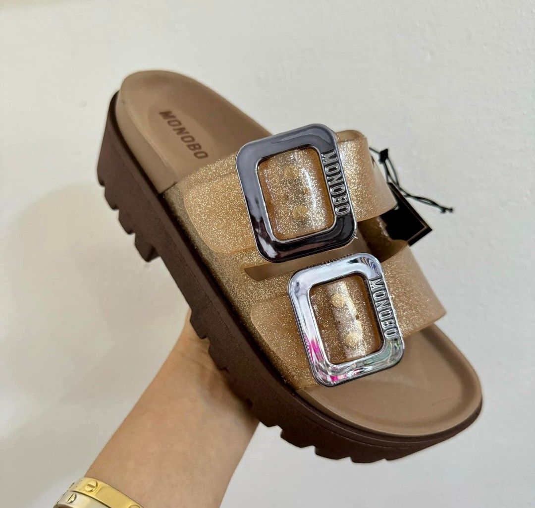 MONOBO Platform Sandals with Buckle Detail (Category: Sandals) located in Manila. Submitted by angkeytimoo (Listing ID 1457654277, Image 3). Description: - Brand: MONOBO - Style: Platform Sandals - Features: Chunky sole, double buckle straps - Closure: Easy slip-on - Colors: Black, Glitter Grey, Glitter Beige - Occasion: Casual wear.