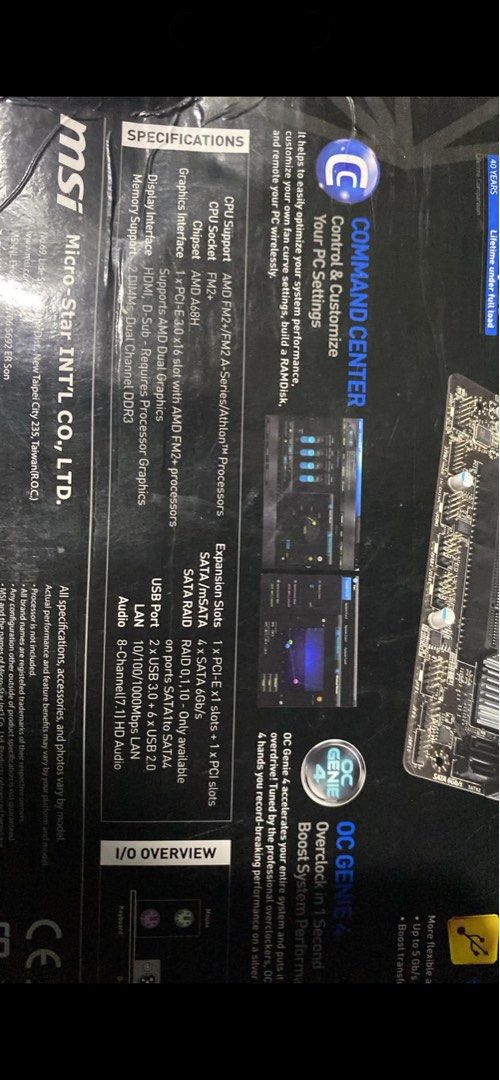 MSI MOTHERBOARD A68HM-E33V2 (Category: Computer Parts) located in Manila. Submitted by oddpenguin_13af73 (Listing ID 1457608215, Image 2). Description: stock motherboard and never been used. Inclusion: Box and accessories.
