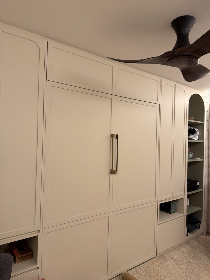Murphy Bed (Category: Bed Frames & Mattresses) located in Singapore. Submitted by gurangad.1 (Listing ID 1457666359, Image 2). Description: - Space-saving Murphy bed - maximum bed frame dimension measured at the wall height and width of end product is 210cm height x 160 cm width - only selling the Murphy bed frame and mechanism - happy to sell the firm ikea mattress as well - bed was installed 1.5yrs ago with original plan to convert into study p