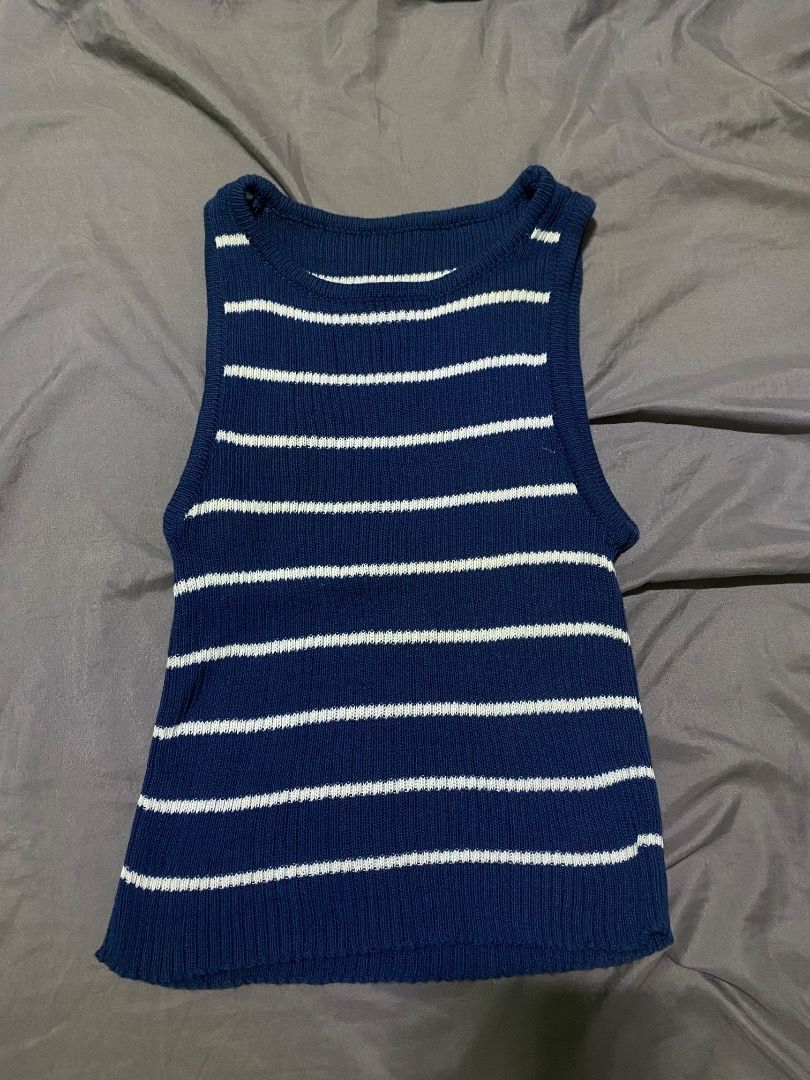 Navy and White Striped Knit Halter Top (Category: Sleeveless) located in Santa Rosa. Submitted by rockitlee (Listing ID 1457539494, Image 1). Description: - Cropped - Size S - Good quality knit.