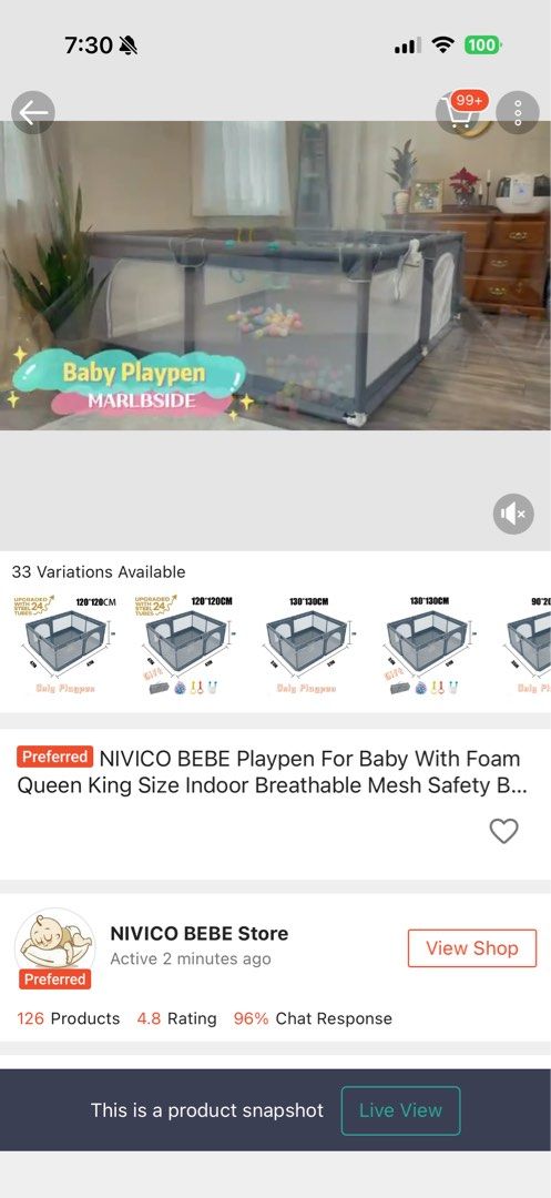 NIVICO PLAYPEN 120*190 CM (Category: Cots & Cribs) located in Bacoor. Submitted by bdxxiii (Listing ID 1457625956, Image 2). Description: Selling Nivico Playpen Size: 120*190 cm Color: Gray Last Price: PHP 870 Rfs: Wrong size. Binuksan lang and assemble para macheck if kasya sa may living room however medyo malaki siya and wala ng space para daanan. Di pa talaga nagamit and after iassemble, dinisassemble nalang din since medyo malaki siya. Shippi