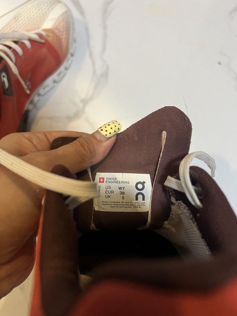 On Cloud Womens Cloudflow Running Shoes Sneakers Rust Red Eclipse White (Category: Sneakers) located in Romblon. Submitted by justjdeclutters (Listing ID 1457702345, Image 3). Description: Still in good condition just needs cleaning! 😅 - ON Cloud running shoes - Size: US 7 / EUR 38 - Color: Red and white - Perfect for running or everyday wear - Shows minor signs of wear on soles and uppers - Plenty of life remaining - Sold as is.