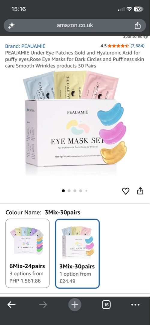 PEAUAMIE Under Eye Patches Mask Set (Category: Face Care) located in Cavite. Submitted by momrocks (Listing ID 1457579333, Image 2). Description: PEAUAMIE Under Eye Patches Gold and Hyaluronic Acid for puffy eyes, Rose Eye Masks for Dark Circles and Puffiness skin care Smooth Wrinkles 30 Pairs.