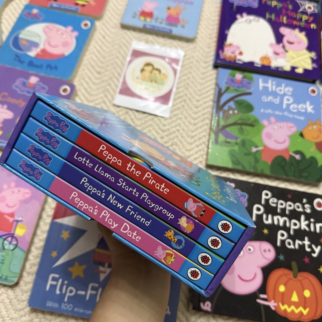 Peppa Pig Board Books Bundle (Category: Children's Books) located in Taguig. Submitted by smlreadersph (Listing ID 1457632581, Image 2). Description: Take all 22 pcs of preloved board books with interactive lift the flap, pop up, clock book, flip flap, die cut shape, and a box set. Last price posted ₱2000❌ ₱1800✅.