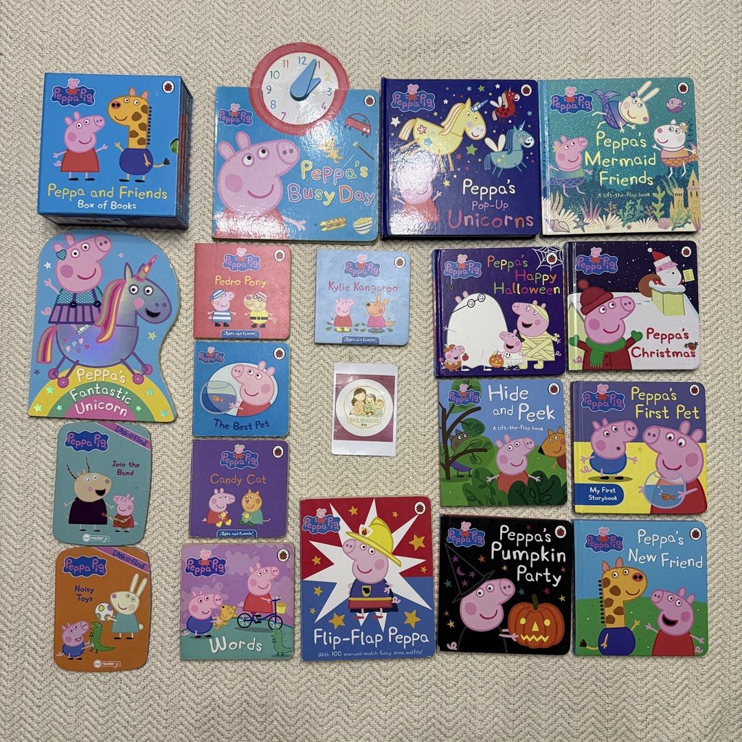 Peppa Pig Board Books Bundle (Category: Children's Books) located in Taguig. Submitted by smlreadersph (Listing ID 1457632581, Image 1). Description: Take all 22 pcs of preloved board books with interactive lift the flap, pop up, clock book, flip flap, die cut shape, and a box set. Last price posted ₱2000❌ ₱1800✅.
