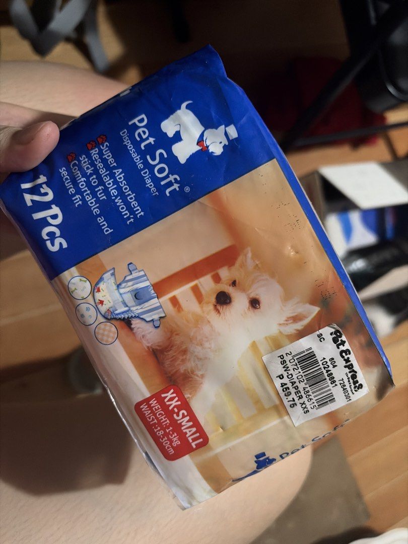 Pet Soft Disposable Diapers XX-Small (12 Pcs) (Category: Homes & Other Pet Accessories) located in Manila. Submitted by bbabbyj (Listing ID 1457625776, Image 1). Description: - Pet Soft Disposable Diapers - Size: XX-Small - For pets weighing 1-3kg - Waist size: 18-30cm - Pack contains 12 pieces - Super absorbent - Resealable - Comfortable and secure fit - Won't stick to fur - Ideal for house training or pets needing extra protection.