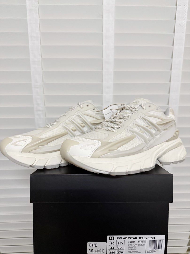 Pharrell Williams x Adidas Jellyfish White 10 US (Category: Sneakers) located in Quezon City. Submitted by justthinkingg (Listing ID 1457560095, Image 1). Description: For sale - Pharrell Williams x VIRGINIA x Adidas Adistar Jellyfish ‘Triple White’ BRAND NEW, SRP❗️ Onhand Size 10US - 18k only Buyer shoulders delivery fee Location: Sta Mesa, QC Complete with box and receipt Follow us at IG: apex.hype.