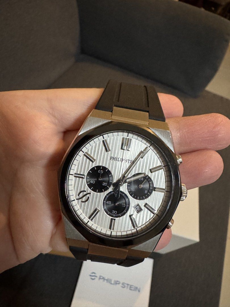 Philip Stein Chronograph Watch Silver Dial Black Strap (Category: Luxury Watches) located in Manila. Submitted by thegirlscloset (Listing ID 1457685621, Image 2). Description: - Original Philip Stein box & paperwork included - Fully functional chronograph - Clean and well-maintained - Classic, sophisticated design - Great for personal use or collection Selling Price: ₱28000— Negotiable 📍 Meet-up 📩 Message me for more details, photos, or videos.