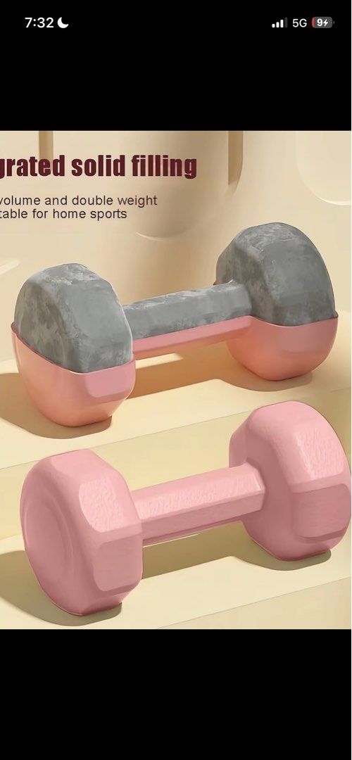 Pink Dumbbells, Pull Rope, Sit-up Bar (Category: Weights & Dumbbells) located in Malabon City. Submitted by airishvill92342 (Listing ID 1457625267, Image 1). Description: - Pink dumbbells - Pink pull rope with foam grips - Adjustable black sit-up bar - Perfect for full body home workouts.