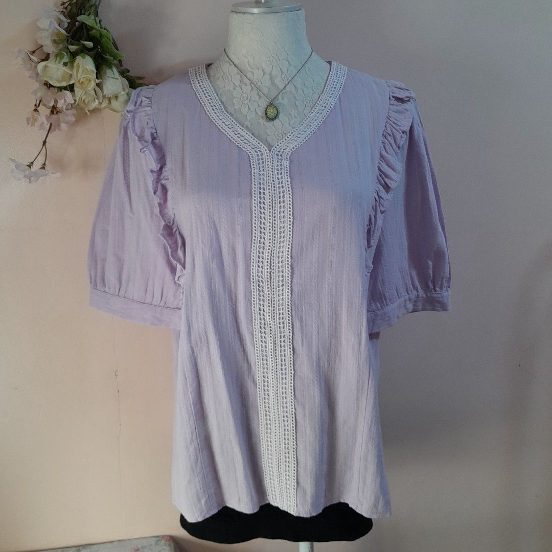 Preloved Korean Lavender Ruffled Puff Sleeves Top (Category: Blouses) located in Caloocan City. Submitted by ailove_ph (Listing ID 1457665073, Image 1). Description: ♡ Preloved pieces, handpicked with love ♡ Color may vary due to lighting ♡ Items are preloved, please manage your expectations ♡ DM for inquiries Thanks loves!💕.