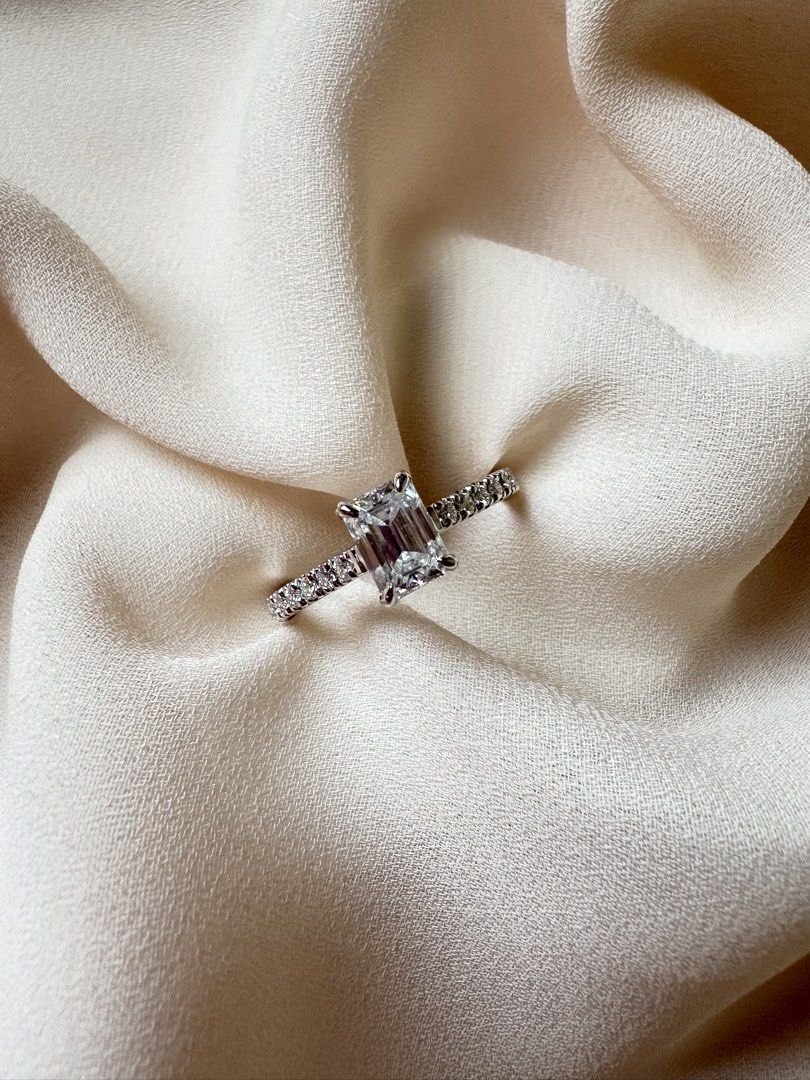 Princess Sarah in White Gold Engagement Ring (Category: Rings) located in Cavite. Submitted by daintyme.03 (Listing ID 1457577491, Image 2). Description: 💚PRINCESS SARAH in White Gold 💚 —4 Claw Prong w/ Gallery Rail, Pavé Band in Cathedral Setting Engagement Ring 💎Starts at 32,900php 💚Made to order/Customized 💚Authentic Moissanite Gemstone with GRA Certificate and Authenticity card (Pass Diamond Tester ✔️) 💚Starts at 3.5grams of gold 💚Avai