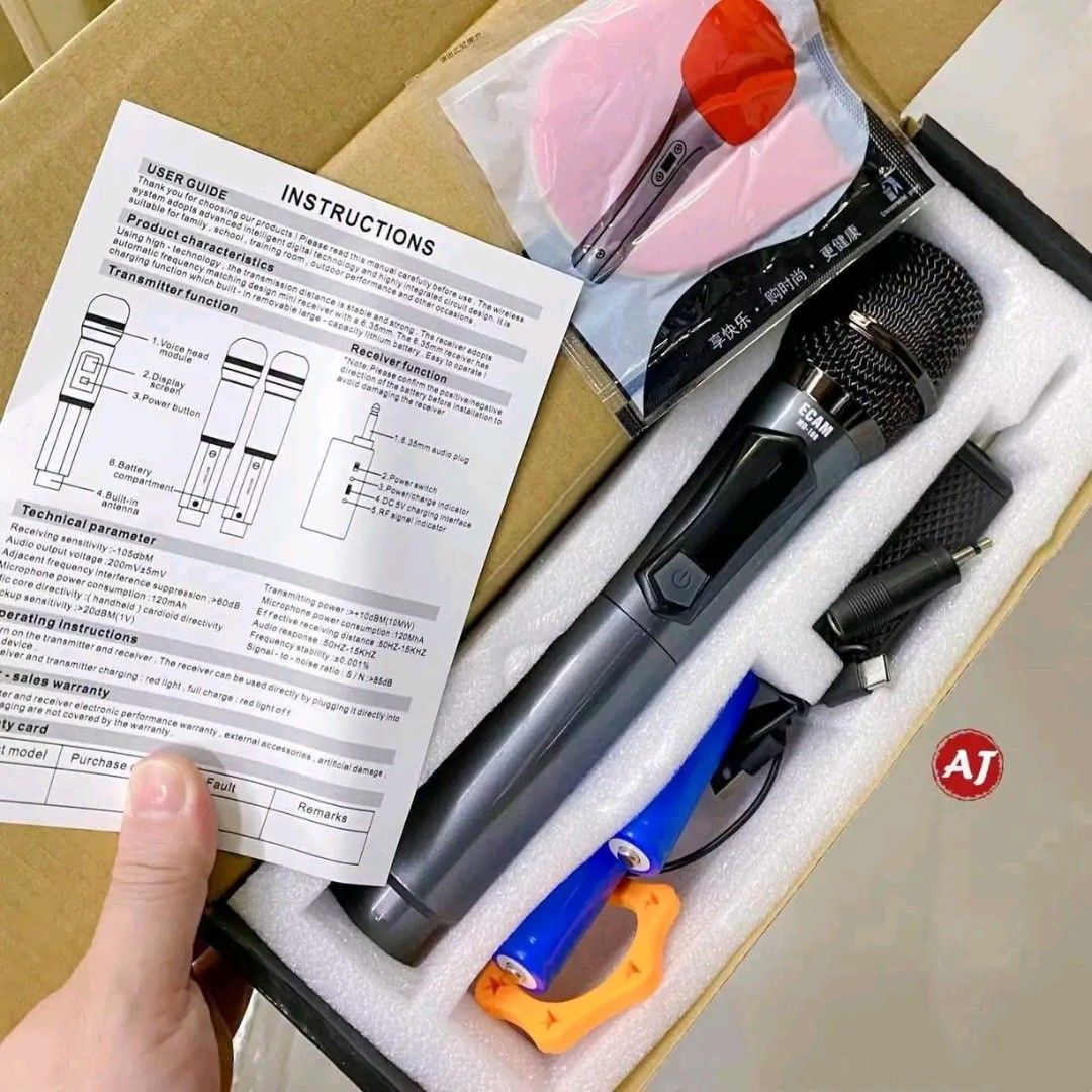 Professional Wireless Microphone System (Category: Microphones) located in Manila. Submitted by marvieobordo (Listing ID 1457549193, Image 2). Description: - Professional wireless microphone - Ideal for karaoke, presentations, and performances - Connects to devices with a 6.35mm (1/4 inch) interface - Package includes: receiver, transmitter, batteries, and charging cable - Simple setup and user-friendly operation - Compatible with speakers, mixer
