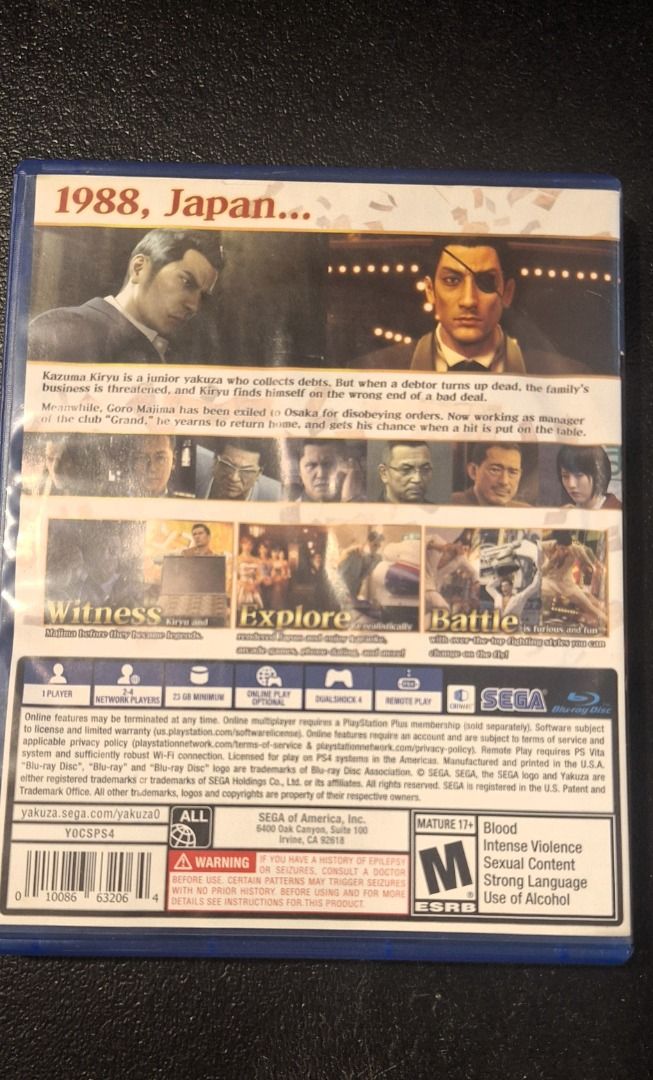 PS4 Yakuza 0 (Category: PlayStation) located in General Trias. Submitted by aeunice (Listing ID 1457667575, Image 3). Description: Title: Yakuza 0 PS4 Exclusive. Rated M (17+). Comes with original case. Great action-adventure game. Meet up / Shipping via Lalamove, JnT, Gogo Express & LBC..
