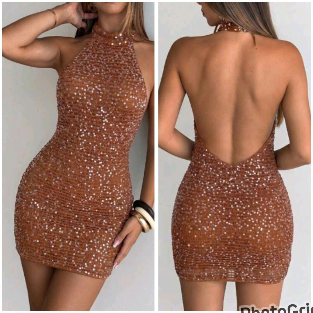 Sequin Patchwork Halter Backless Mini Dress Party Club Night Brown medium (Category: Dresses) located in Manila. Submitted by nariachic (Listing ID 1457570175, Image 1). Description: Sequin Patchwork Halter Backless Mini Dress Party Club Night Brown medium.