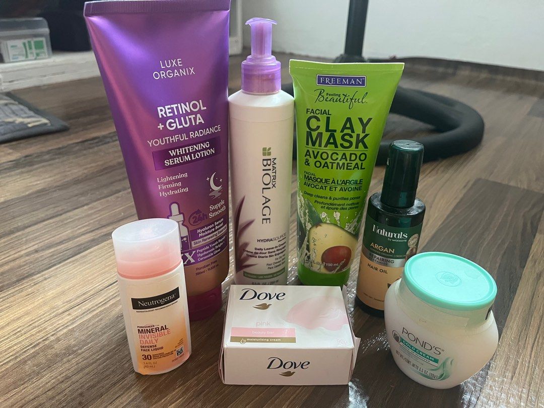 Skin care bundle (Category: Body Care) located in Sorsogon. Submitted by anezthesia (Listing ID 1457518732, Image 1). Description: Take all for 1k SF will be shouldered by buyer Luxe organix lotion - full Dove bar soap - unopened Ponds cold cream - 90% full Naturals argan oil - 90% Biolage leave-in conditioner - 70% Neutrogena sunscreen - 50% Clay mask - 80% .