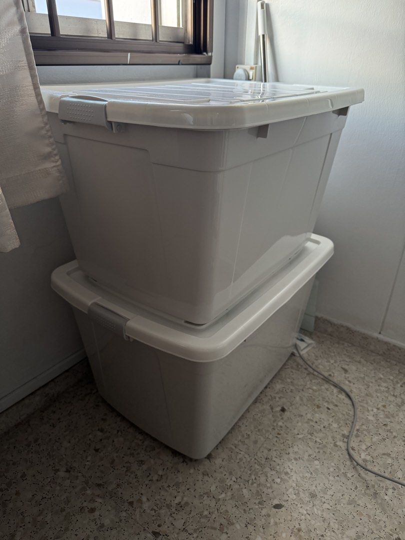 Stackable Storage Boxes with Lids (Category: Storage Boxes & Baskets) located in Singapore. Submitted by xtchin14 (Listing ID 1457514150, Image 1). Description: 2 white stackable storage boxes with grey latches and lids. Good for home organization. Selling as a set..