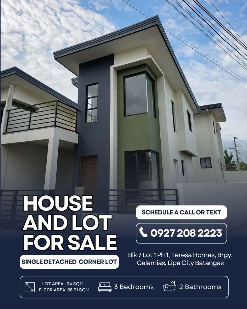Teresa homes (Category: House & Lot) located in Batangas. Submitted by JohnDi (Listing ID 1457662557, Image 1). Description: FOR SALE: Teresa Homes 94 sqm House and Lot (SINGLE DETACHED CORNER LOT) in Lipa Batangas. ADDRESS: Block 7 Lot 1, Teresa Homes, Brgy. Calamias, Lipa City Batangas Lot Area: 94 sqm Total Floor Area: 85.31 still negotiable Selling Price : P3,450,000 Terms of Payment: Half payment cash other half is 1yr to pay with PDC. For v