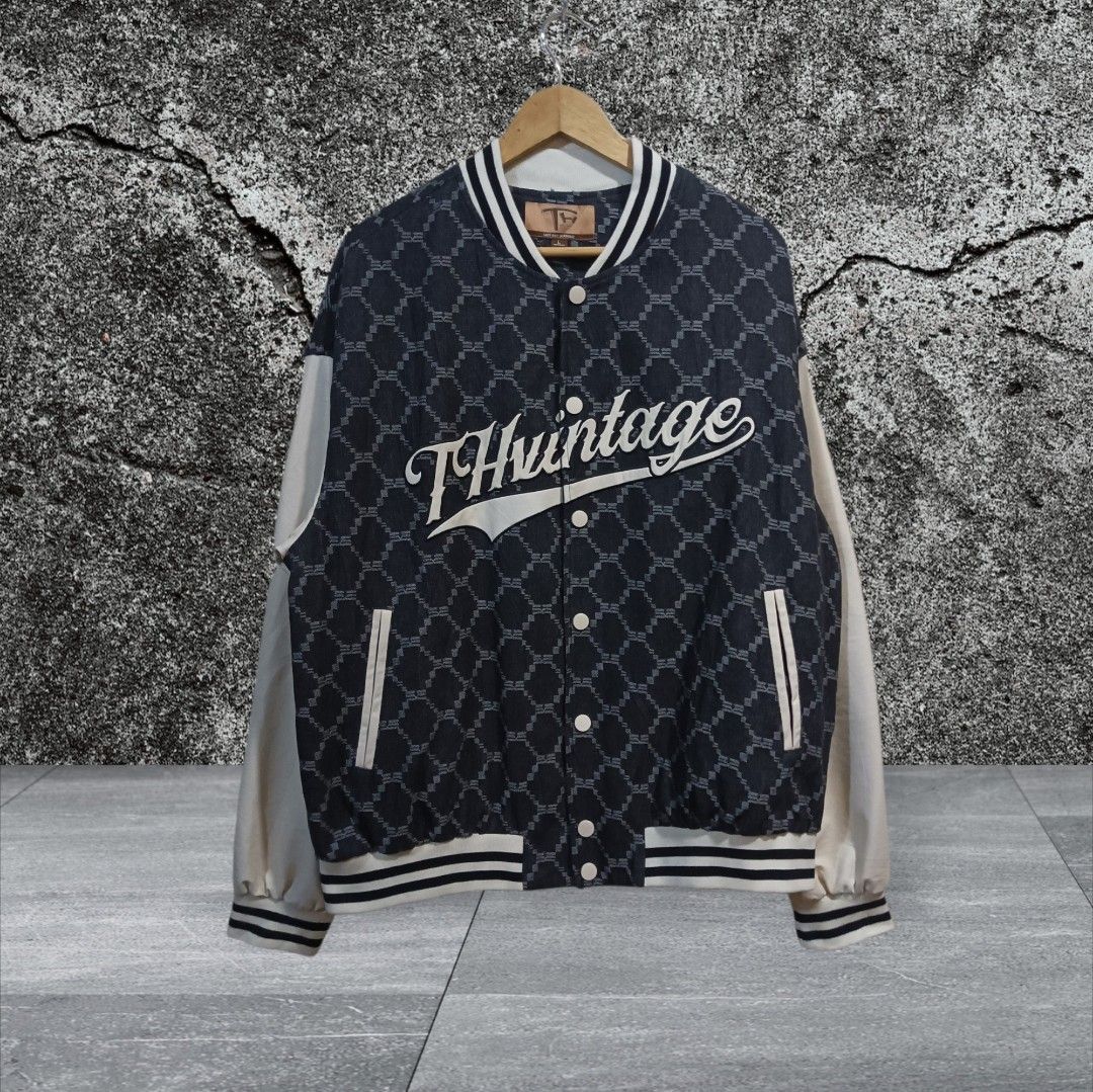 THuntage Varsity Jacket Size L (Category: Coats, Jackets and Outerwear) located in Calatagan. Submitted by lyvertabora (Listing ID 1457646057, Image 1). Description: varsity Denim and leather sleeve dimension-L-28 W-26 excellent Condition .