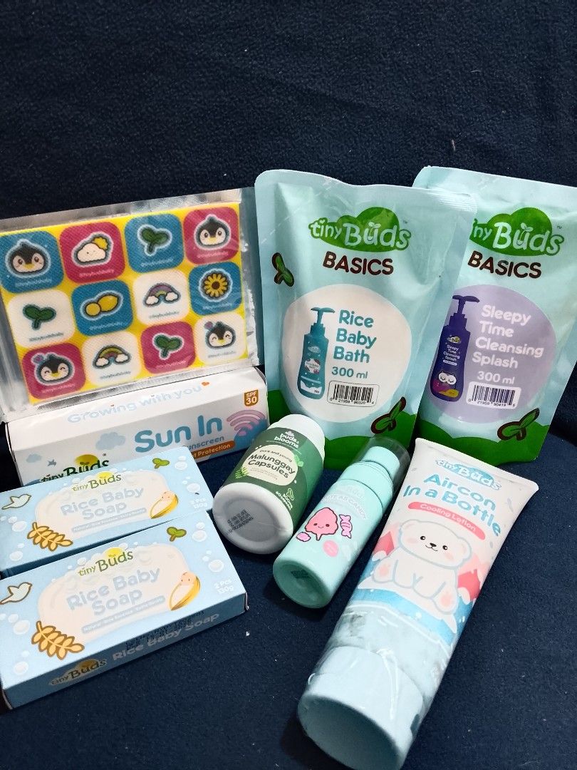 Tiny Buds Baby Essentials Bundle - Bath, Soap, Lotion & More (Category: Baby Toiletries & Grooming) located in Manila. Submitted by yicazahara (Listing ID 1457575421, Image 1). Description: - Tiny Buds Baby Product Bundle - Includes: Rice Baby Bath, Sleepy Time Cleansing Splash, Rice Baby Soap, Sun In Sunscreen, Malunggay Capsules, Aircon in a Bottle Cooling Lotion - Comes with cute character stickers - Ideal for your baby's daily routine and car