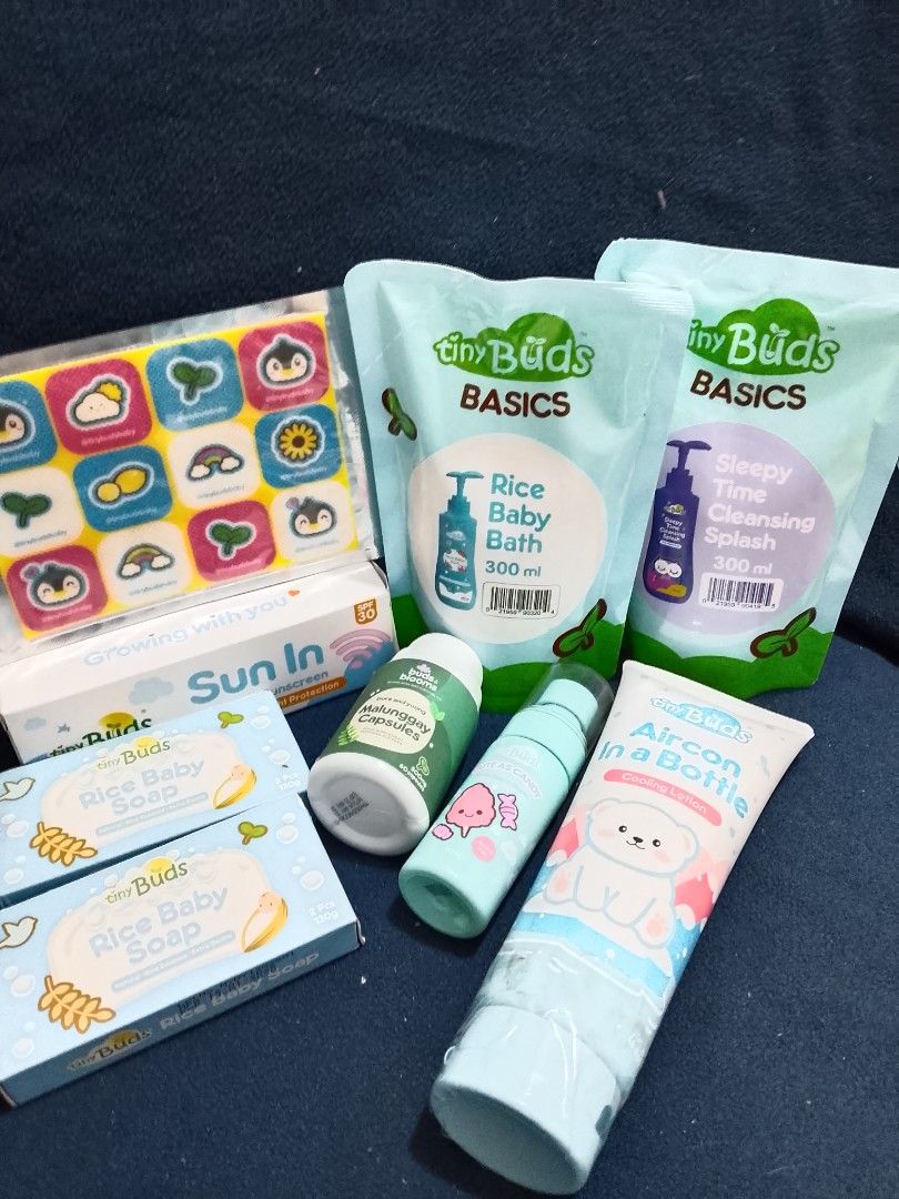 Tiny Buds Baby Essentials Bundle - Bath, Soap, Lotion & More (Category: Baby Toiletries & Grooming) located in Manila. Submitted by yicazahara (Listing ID 1457575421, Image 2). Description: - Tiny Buds Baby Product Bundle - Includes: Rice Baby Bath, Sleepy Time Cleansing Splash, Rice Baby Soap, Sun In Sunscreen, Malunggay Capsules, Aircon in a Bottle Cooling Lotion - Comes with cute character stickers - Ideal for your baby's daily routine and car