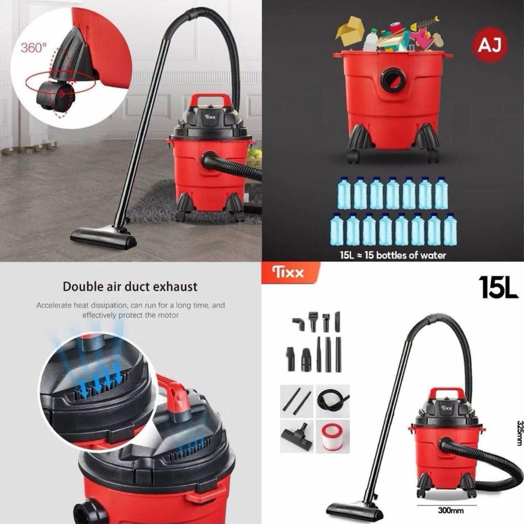 Tixx 15L Vacuum Cleaner for Home (Category: Vacuum Cleaner & Housekeeping) located in Manila. Submitted by chaionlineshop (Listing ID 1457530462, Image 2). Description: - Tixx 15L Vacuum Cleaner - Powerful suction for effective home cleaning - Comes with various attachments for versatile use - Ideal for floors, carpets, curtains, and tight crevices - Double air duct exhaust protects the motor - Easy to move around with built-in wheels.