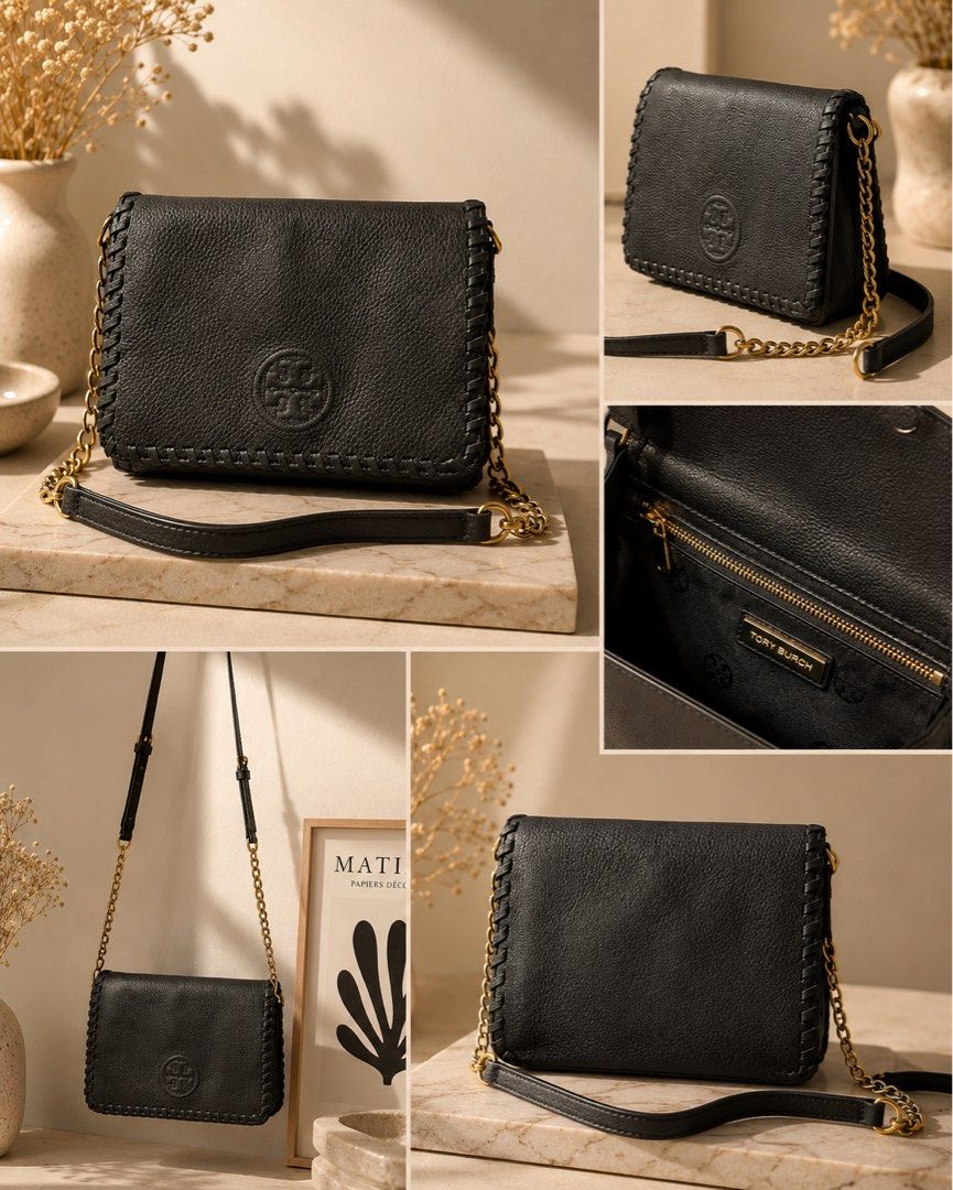 Tory Burch Black Leather Chain Shoulder Bag (Category: Luxury Bags & Wallets) located in Manila. Submitted by bags.shopp (Listing ID 1457661352, Image 1). Description: - Authentic Tory Burch black leather bag - Elegant gold chain strap - Signature embossed logo on the front - Multiple interior compartments for organization - Interior zip pockets for secure storage - Unique and stylish stitching detail - Versatile for everyday use or evening event