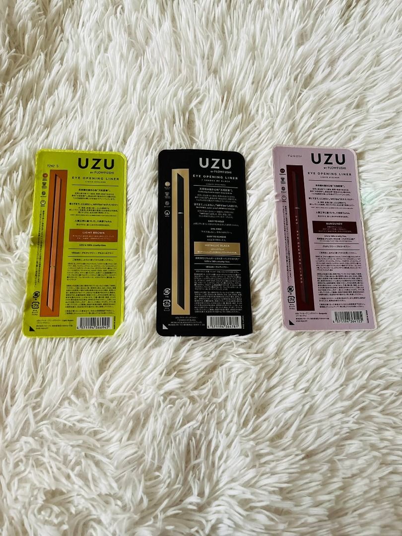 UZU by FLOWFUSHI Eye Opening Liner - Multiple Colors Available (Category: Makeup) located in Dasmarinas. Submitted by krm_japan-items (Listing ID 1457533219, Image 3). Description: -250 each - Get creative with UZU by FLOWFUSHI liquid eyeliners! - Available in a wide range of vibrant shades: pink, light blue, yellow, purple, burgundy, white, gray, khaki, brown, brown-black, and black. - Features a precise brush tip for easy and accurate applicati