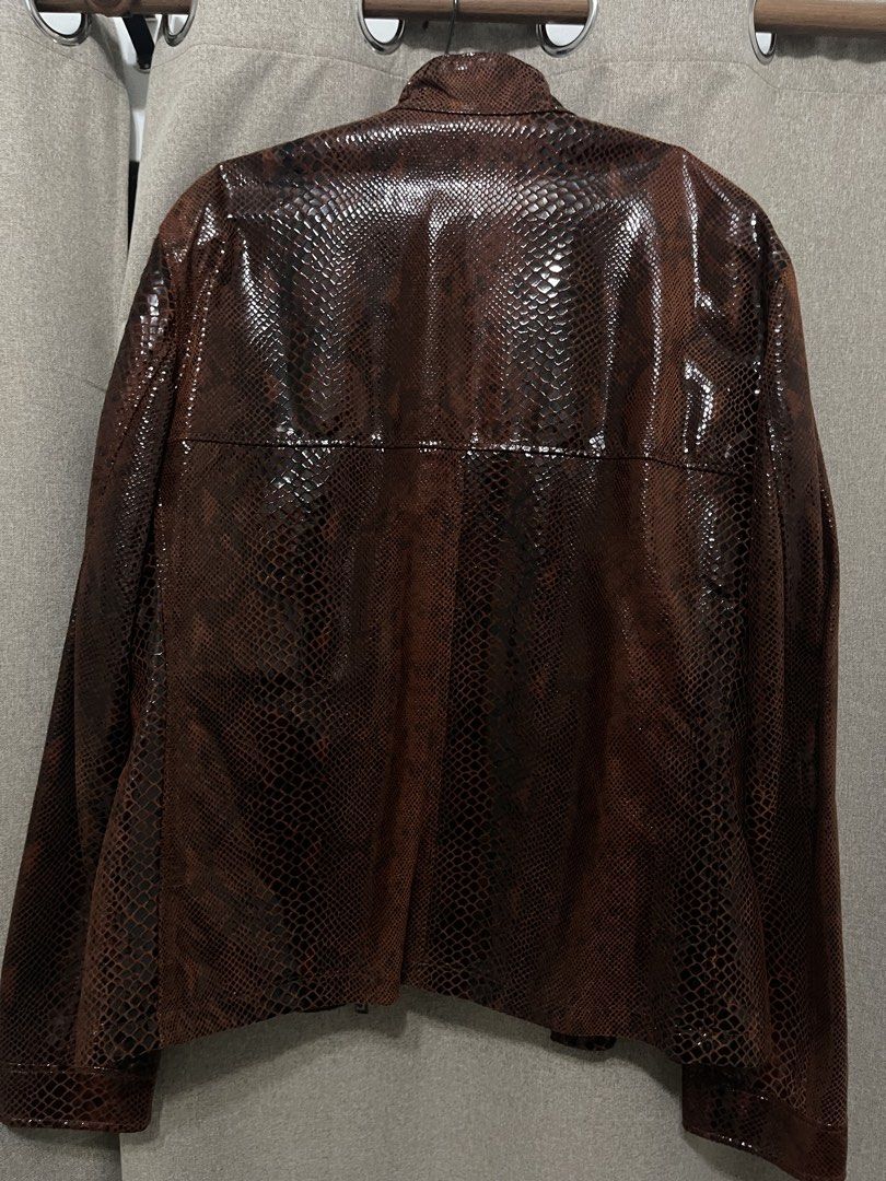 Versace Python Print Leather Jacket (Category: Coats, Jackets and Outerwear) located in Singapore. Submitted by baldnuggets444 (Listing ID 1457682318, Image 2). Description: • Colour: Burgundy • Good condition, never worn it out • Resells for 3K on ebay 🥶.