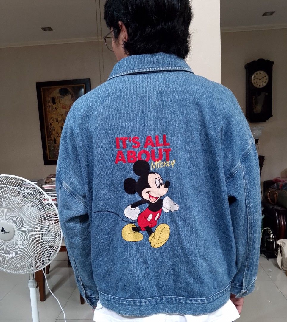 Vintage Mickey Mouse Denim Jacket Full Embroidery (Category: Coats, Jackets and Outerwear) located in Binangonan. Submitted by stufflikedat (Listing ID 1457572661, Image 2). Description: Vintage Mickey Mouse Disney classic denim jacket with full color graphic embroidery at the back that says 'It's All About Mickey', complete button-up front closure with two chest and lower front sidepockets, relaxed boxy fit for comfort approx 27" width & 24" hei