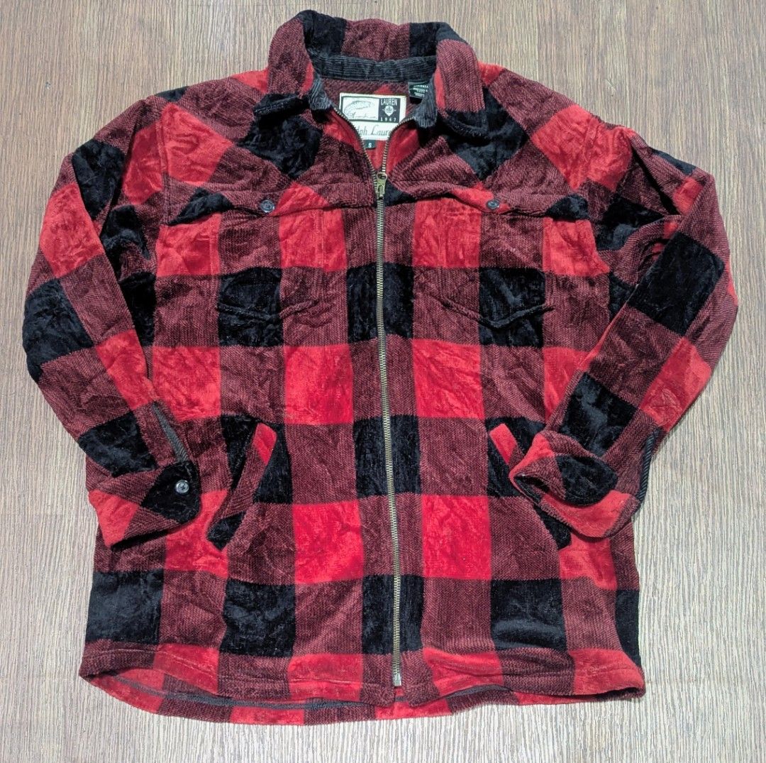 Vintage Ralph Lauren buffalo plaid Jacket (Category: Coats, Jackets and Outerwear) located in Baguio. Submitted by second_handchic (Listing ID 1457536696, Image 2). Description: authentic vintage Ralph Lauren buffalo plaid work zip chore jacket in good condition size medium dimension: 23 inches length armpit to armpit by 28 inches height color red black.