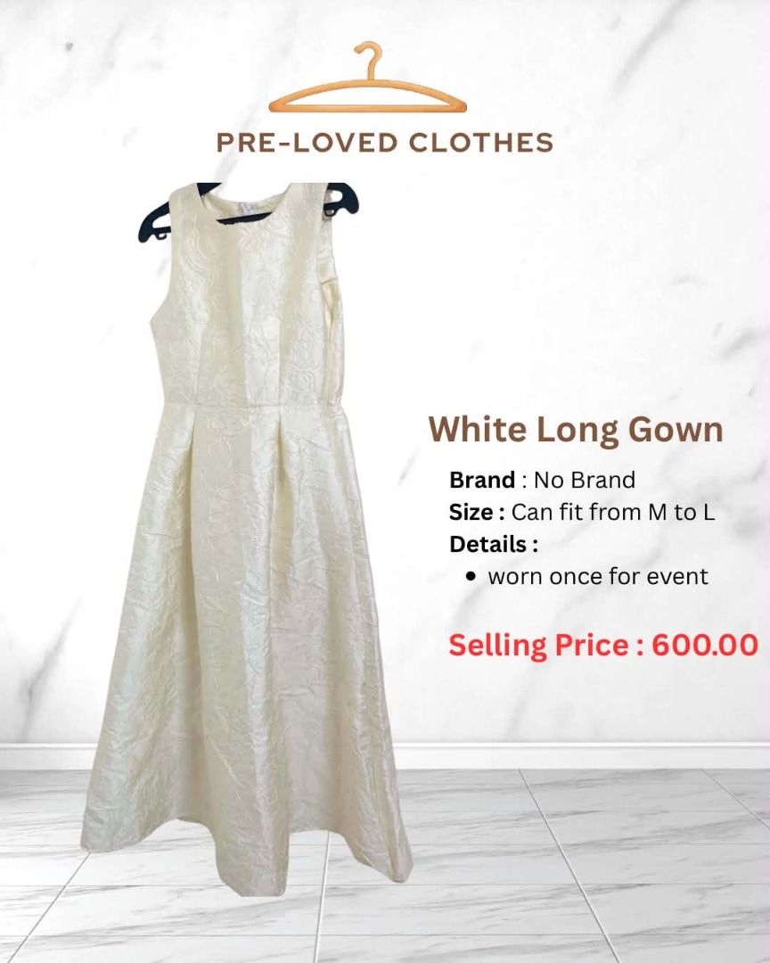 White Long Gown - Fits M to L (Category: Evening dresses & gowns) located in Dasmarinas. Submitted by iamgayd (Listing ID 1457626499, Image 1). Description: - Elegant white long gown - Fits Medium to Large sizes - Length: 130cm - Worn only once - Ideal for formal occasions and events .