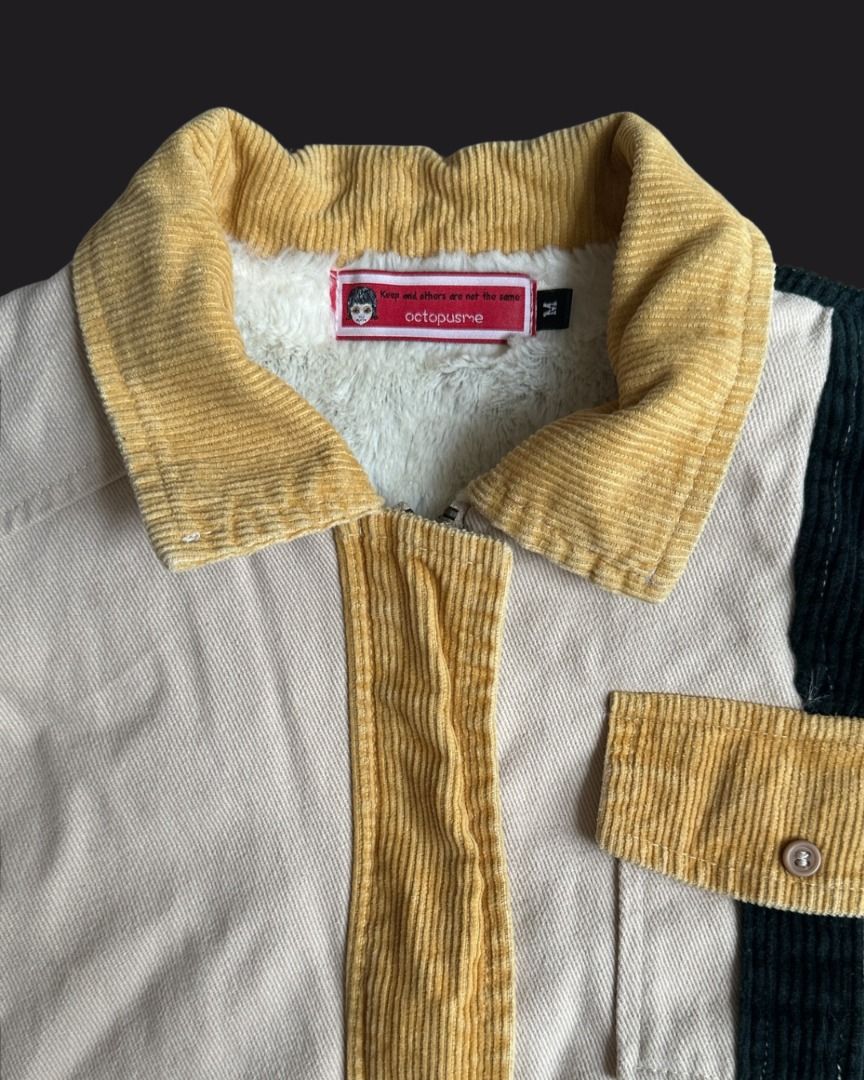 Yellow Dark Green Beige Patchwork Corduroy Sherpa Lined Jacket (Category: Coats, Jackets and Outerwear) located in Mandaluyong City. Submitted by shopsunnymoody (Listing ID 1457633038, Image 2). Description: Mixed material corduroy multi-pocket work jacket | inner fleece lining | Colorblock cream, black, mustard yellow fits up to Medium length: 56.5 cm width: 48.5 cm 9/10 quality: minimal stains on right sleeve 600 php + SF.