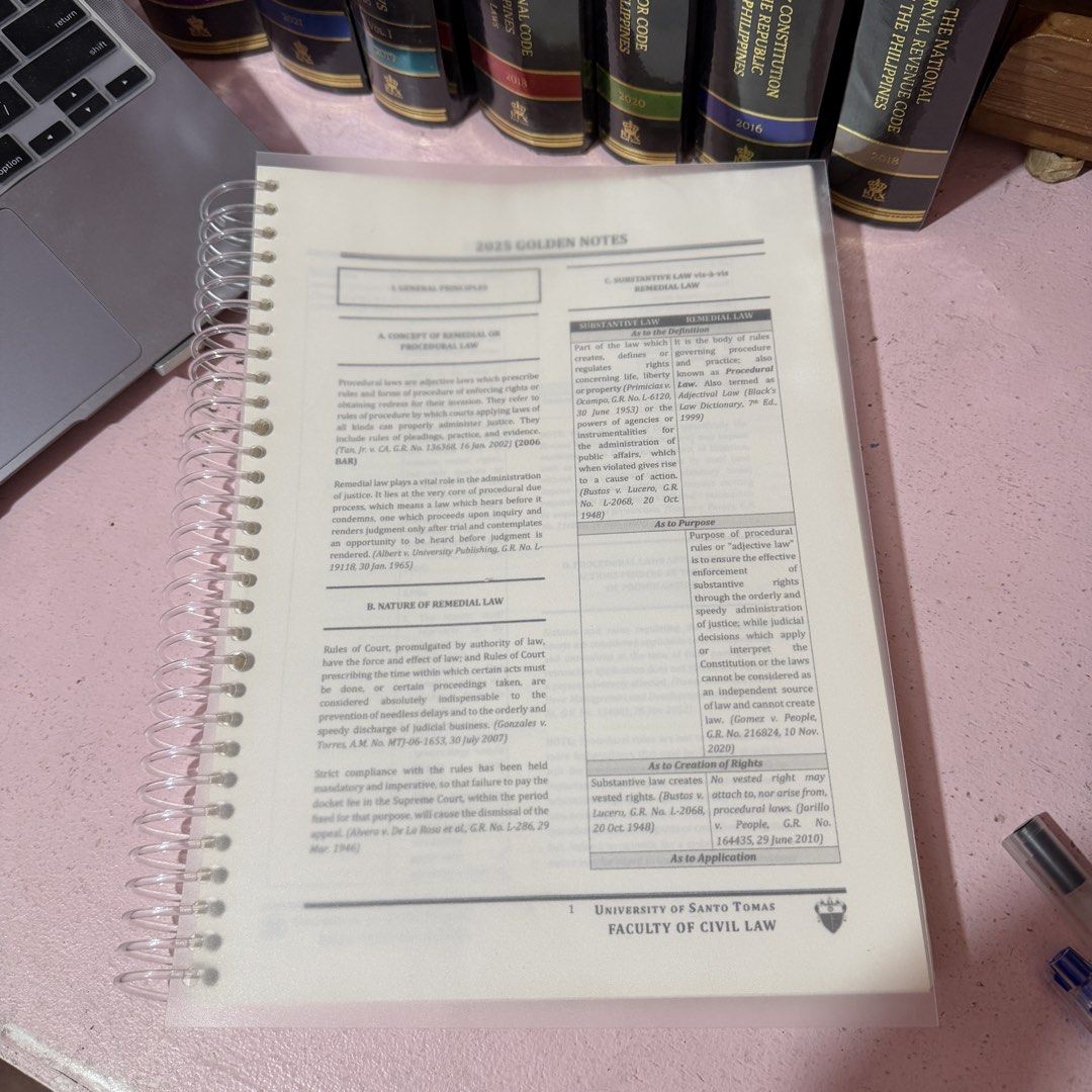 2025 UST Golden Notes - Civil Procedure and General Principles (Category: Textbooks) located in Paranaque City. Submitted by yourdigifilmaesthetic (Listing ID 1457738614, Image 1). Description: 2025 Ust Golden Notes - Entire Civpro including General Principles - ringbind coil - no highlights nor any writing whatsoever..