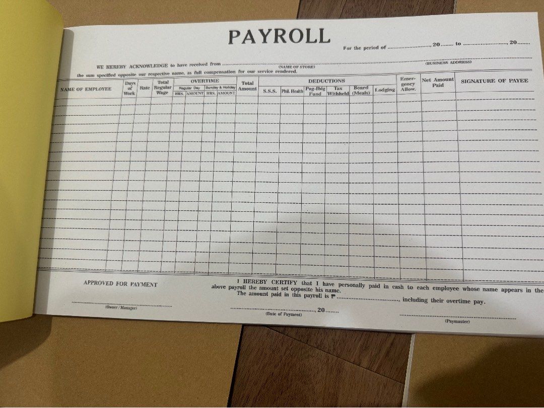 4 booklets brandnew Payroll Ledger Book (Category: Stationery & School Supplies) located in Manila. Submitted by hackelina (Listing ID 1457753692, Image 2). Description: -4pcs budle price - Vintage payroll ledger book - Mid-20th century origin - Features columns for names, wages, deductions, overtime - Ideal for record-keeping or as a prop - Pages are yellowed with age, adding historical character - Great for office decor or collections.