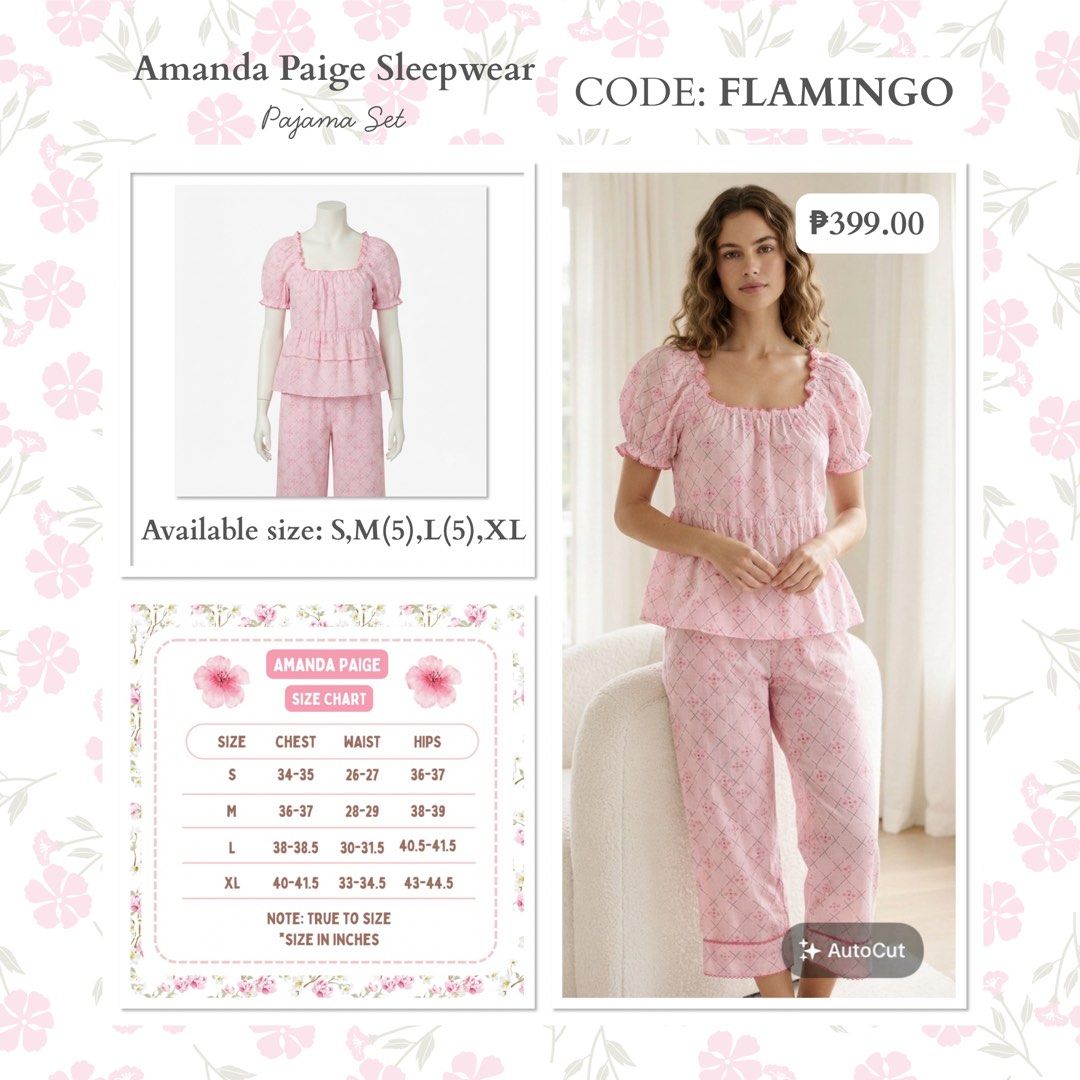 Amanda Paige Pajama Set - Pink (Category: Undergarments & Loungewear) located in Tagaytay City. Submitted by rflrfl (Listing ID 1457820469, Image 1). Description: - Adorable pink pajama set from Amanda Paige. - Features a charming floral pattern. - Top has a stylish square neckline and cute puff sleeves. - Pants complete the look with a matching floral print. - Available in sizes S, M, L, XL. - Fits true to size. Please refer to the size chart fo