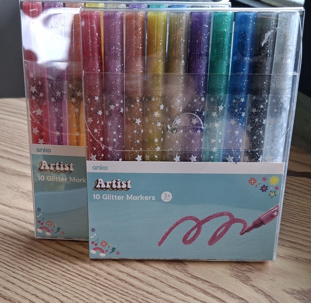 Anko Artist 10 Glitter Markers Set (Category: Craft Supplies & Tools) located in Makati City. Submitted by aram. (Listing ID 1457851927, Image 3). Description: - $4AUD -- selling 130 only 10 sets available Get creative with a 10-pack of Anko Artist Glitter Markers. - Features assorted vibrant colors with dazzling glitter for extra sparkle. - Ideal for all your arts and crafts projects. - Suitable for artists aged 3 and up. - Unleash your inner ar