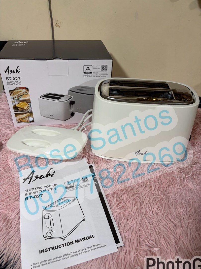 Asahi BT-027 Electric Pop-Up Bread Toaster (Category: Ovens & Toasters) located in Manila. Submitted by chrizney (Listing ID 1457754033, Image 1). Description: - Asahi Electric Pop-Up Bread Toaster - Model: BT-027 - Color: White and Chrome finish - Features: 2 bread slots - Includes: Original box and instruction manual - Benefit: Perfect for quick and easy toast 📍BE A RESPONSIBLE BUYER - MOP: GCash - Same day delivery: Lalamove, Grab express (DF
