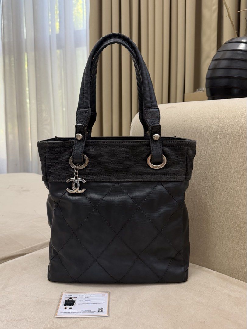 Authentic Chanel Small Quilted Tote Bag (Category: Luxury Bags & Wallets) located in Manila. Submitted by maria_2326 (Listing ID 1457759010, Image 1). Description: Chanel Small Quilted Paris Biarritz Tote Bag Guarantee Authentic No holo but with entrupy/certificate of authentication Flaw: Signs of wear, corner rubs, handle wears and creases Please see detailed photos Location: Manila/QC.