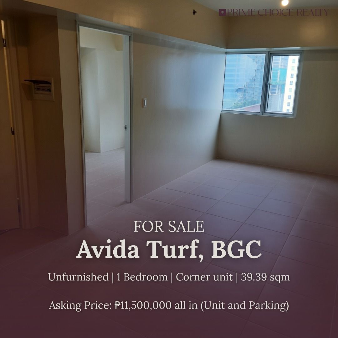 Avida Turf BGC (Category: Apartments & Condos) located in Quezon City. Submitted by primechoicerealtyinc (Listing ID 1457738820, Image 1). Description: FOR SALE Avida Turf BGC Unit Details: • 39.39 sqm • 1 Bedroom • Corner Unit • Brand New • Clean Title • Updated RPT and Association Dues • With Parking Asking Price: ₱11,500,000 or ₱291,252.27/sqm - all-in (Unit and parking included) Contact us for more details and to schedule a viewing: +63924 12
