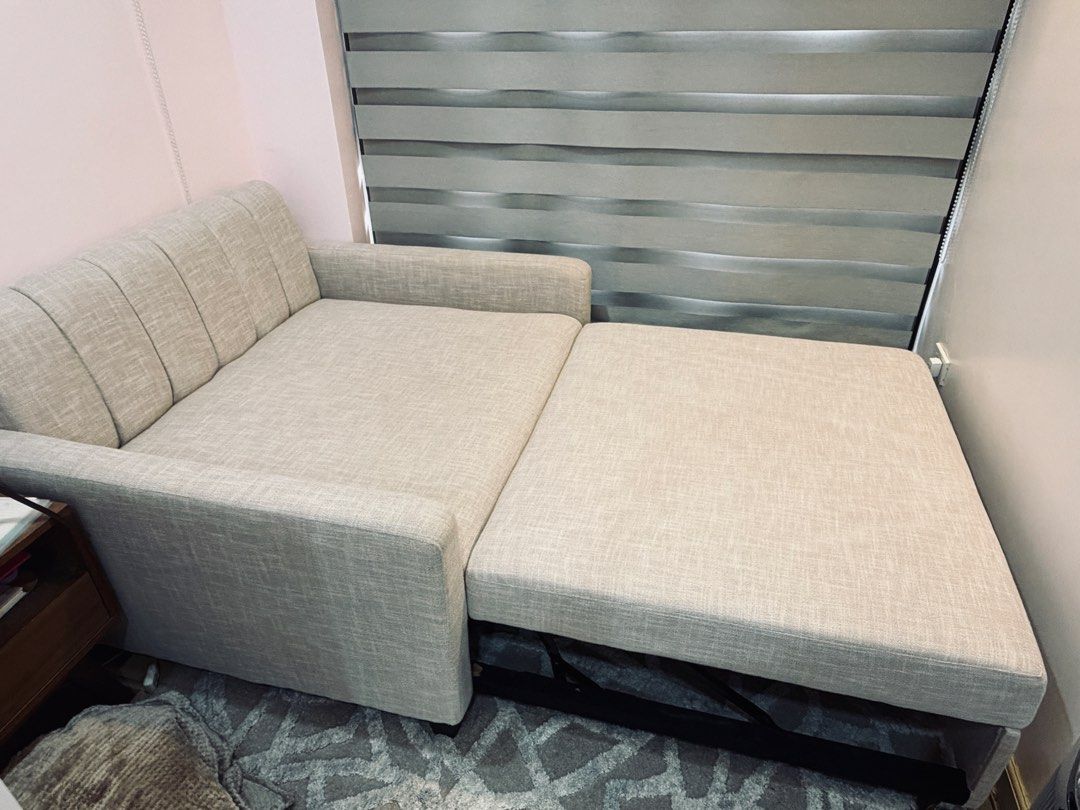 Beige Sofa Bed with Pillows (Category: Sofas) located in Guiguinto. Submitted by ebh19 (Listing ID 1427214002, Image 2). Description: Good for small rooms, condo units. Customized sofa bed Size: 130 cm arms to arms by 108 cm sofa mode Bed - 184 cm With pillows • good lumber • marine plywood • Uratex foam Purchased from MRA Furniture Rfs: no longer used.