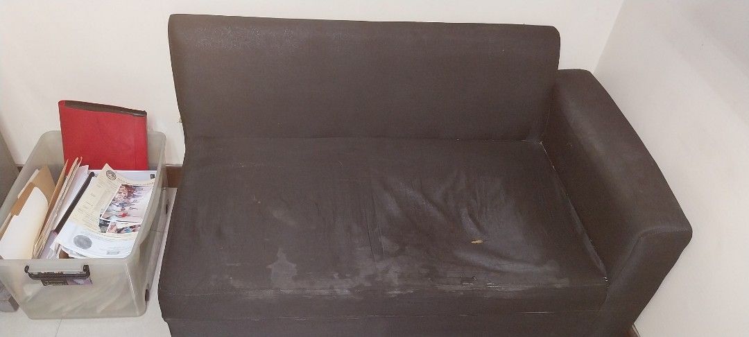 Black Clothe Sofa (Category: Sofas) located in Cainta. Submitted by detheos7 (Listing ID 1457729101, Image 2). Description: -negotiable po yung price -2-seater sofa - Shows some signs of wear: marks and a small tear on the back fabric - Fully functional and sturdy - Ideal for starter homes, apartments, or spare rooms.