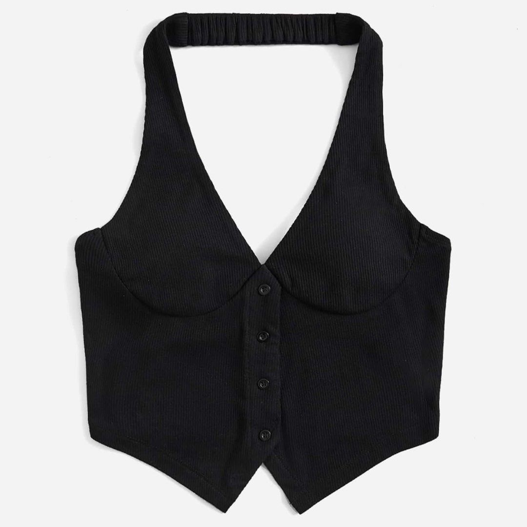 Black Ribbed Halter Cropped Top Vest (Category: Sleeveless) located in Manila. Submitted by itsandreaco (Listing ID 1457773084, Image 1). Description: - Body Measurements: Bust 33-35 inches / Waist 27-29 inches - Black ribbed halter neck cropped top - Button front detail, vest-like style - Stretchy material.