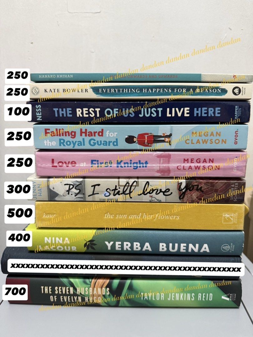 Books for sale (Category: Storybooks) located in Binan City. Submitted by danielcf (Listing ID 1457761959, Image 1). Description: Send me a message for individual photos and condition. Available: P.S. I Still Love You (Sealed PB) The Sun and Her Flowers (HB) The Rest of Us Just Live Here (PB) Everything Happens for A Reason (PB) Moving Onwards and Upwards (PB) Yerba Buena (HB) Sold: Seven Husbands of Evelyn Hugo (HB) Love at First Knight (Sprayed